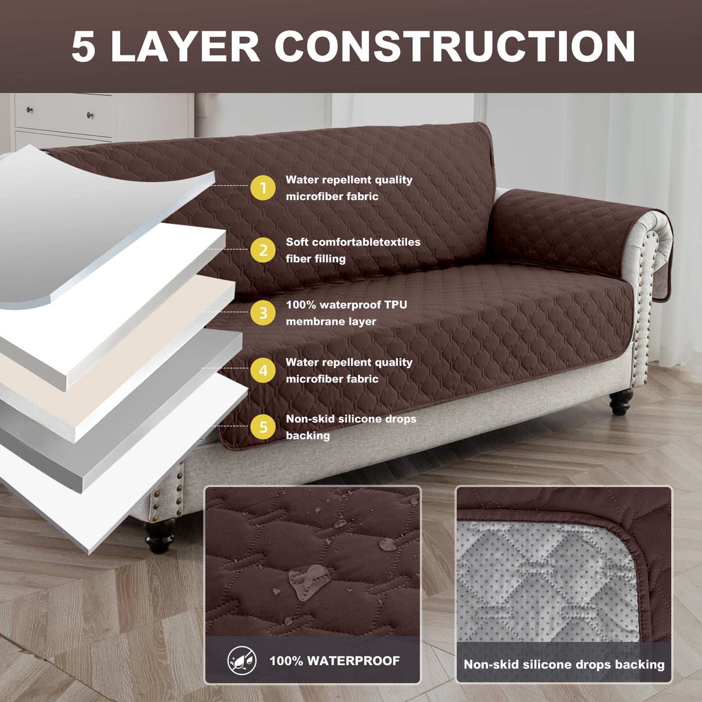 Sofa Slipcover Waterproof Couch Cover Non-Slip Sofa Cover for 1/2/3 Cushion Couch Seamless Whole Piece Fabric Furniture Protector for Pets Kids Children Dog Cat, Brown