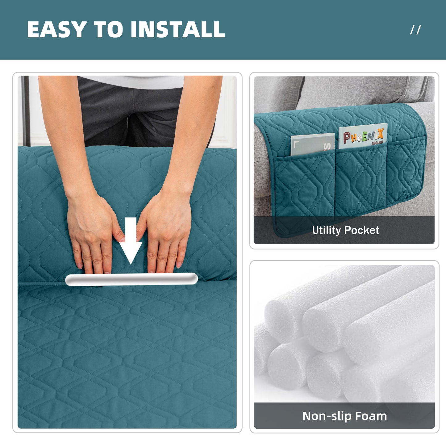 Recliner Sofa Cover Backless  for 1/2/3 Seater with Pocket, Slipcovers Reversible Washable Elastic Adjustable Strap for home,Teal