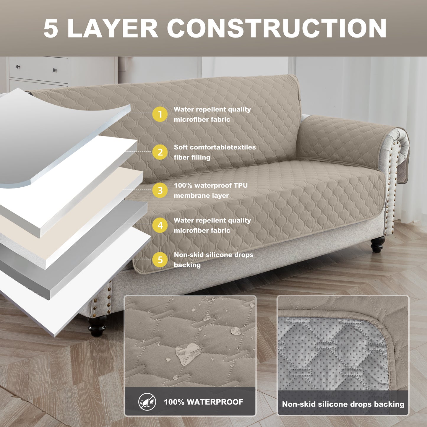 Sofa Slipcover Waterproof Couch Cover Non-Slip Sofa Cover for 1/2/3 Cushion Couch Seamless Whole Piece Fabric Furniture Protector for Pets Kids Children Dog Cat, Khaki