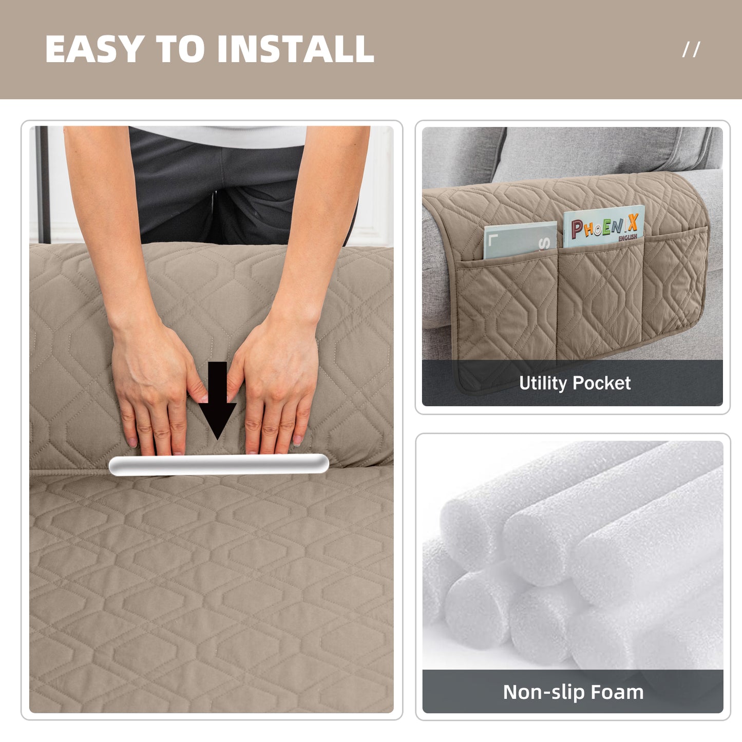 Recliner Sofa Cover Backless  for 1/2/3 Seater with Pocket, Slipcovers Reversible Washable Elastic Adjustable Strap for home,Khaki