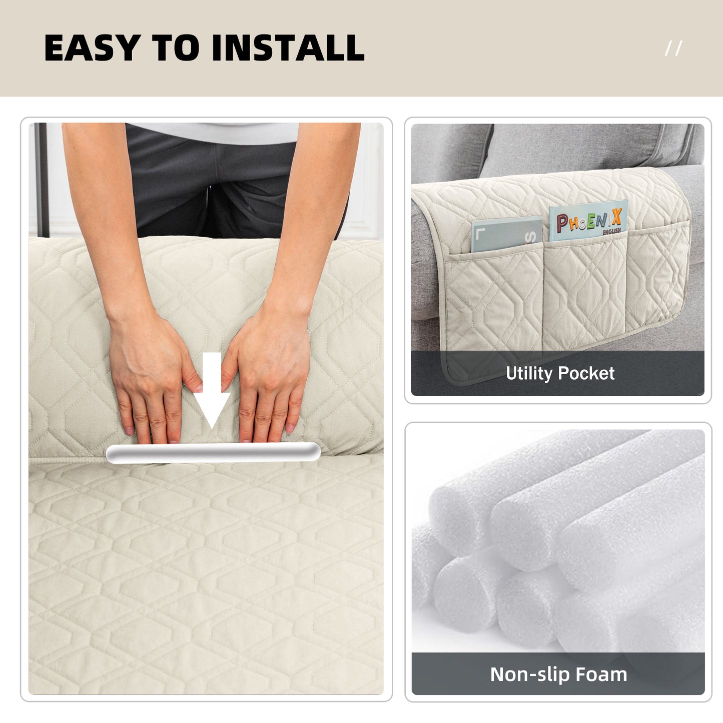 Recliner Sofa Cover Backless  for 1/2/3 Seater with Pocket, Slipcovers Reversible Washable Elastic Adjustable Strap for home,Ivory