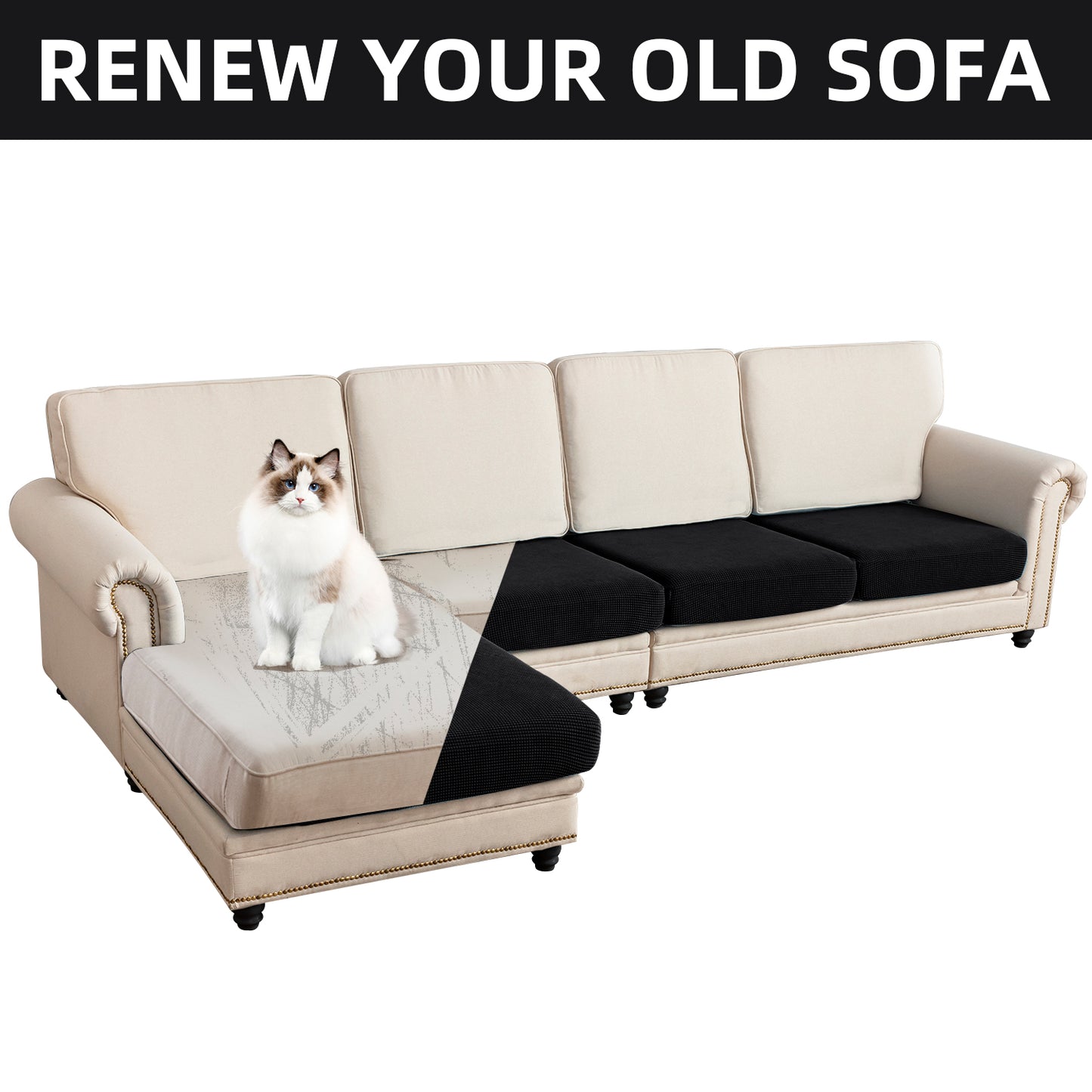 Sectional Couch Covers 4 Pieces Sofa Seat Cushion Covers L Shape Separate Cushion Couch Chaise Cover for Both Left/Right Sectional Couch (Large Sofa 3 Seater + 1 Chaise, Black)