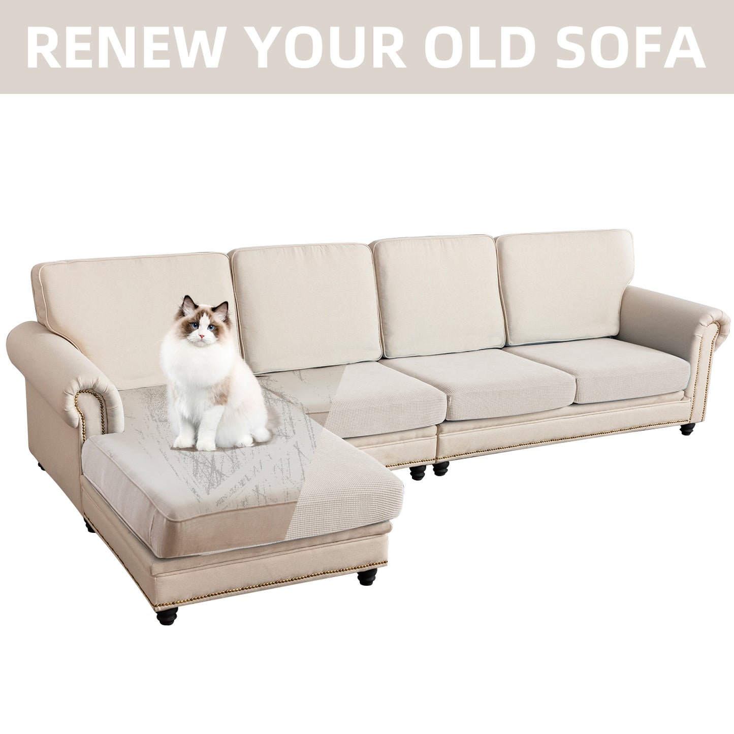 Sectional Couch Covers 4 Pieces Sofa Seat Cushion Covers L Shape Separate Cushion Couch Chaise Cover for Both Left/Right Sectional Couch (Large Sofa 3 Seater + 1 Chaise, Ivory)