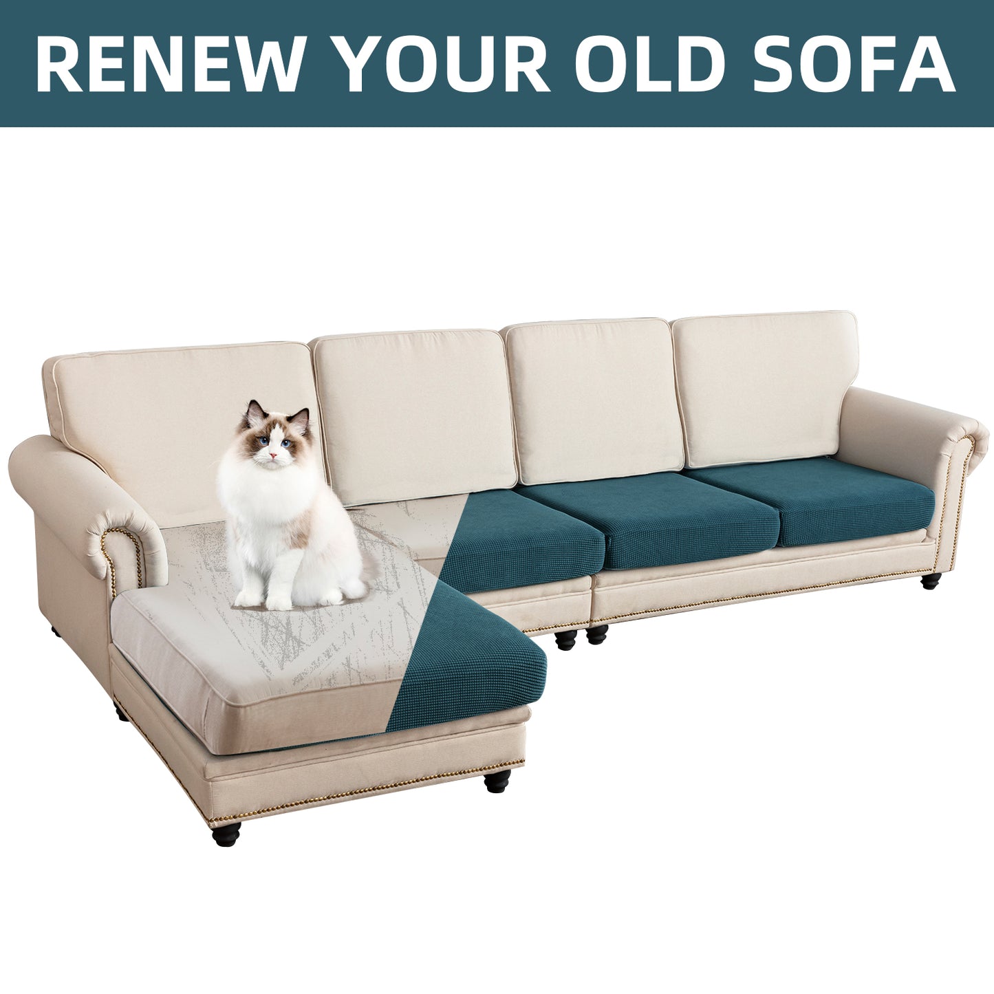Sectional Couch Covers 4 Pieces Sofa Seat Cushion Covers L Shape Separate Cushion Couch Chaise Cover for Both Left/Right Sectional Couch (Large Sofa 3 Seater + 1 Chaise, Dark Teal)