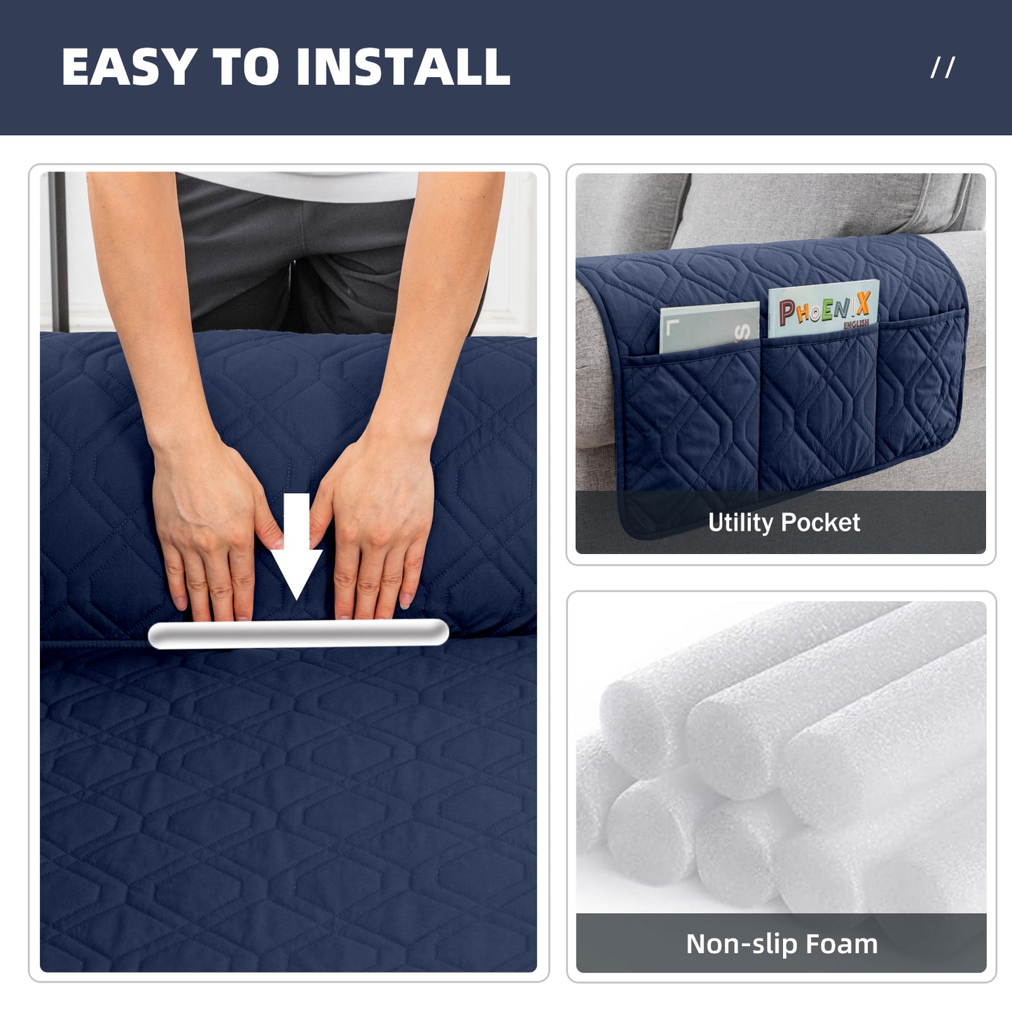 Recliner Sofa Cover Backless  for 1/2/3 Seater with Pocket, Slipcovers Reversible Washable Elastic Adjustable Strap for home,Navy