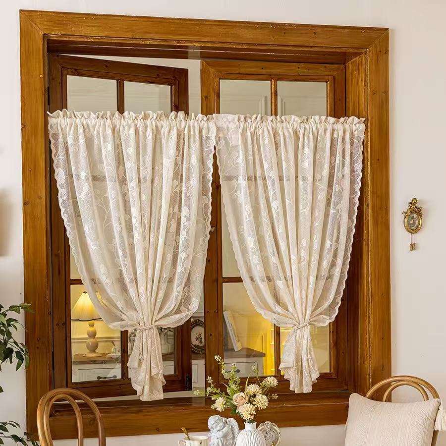 Vintage Lace Curtains Romantic Ginkgo biloba leaves pattern Curtains Panels for Kithchen Living Room French Door, Beige
