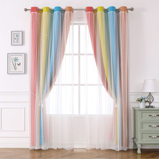 2 Panels Curtains for Kids Girls Bedroom Aesthetic Living Room Decor Colorful Double Layer, Star Cut Out Stripe Rainbow Window ,Orange/Blue