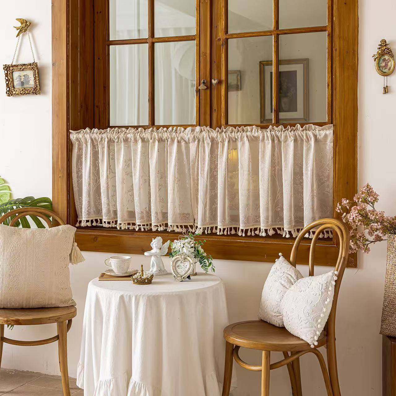 Beige Valances for Windows, Small Window Curtains for Living Room Bathroom Laundry Basement, Modern Rod Pocket Semi Sheer Jacquard Curtains