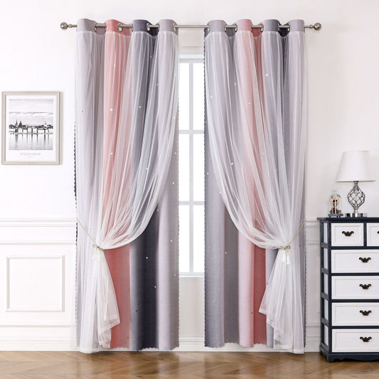 2 Panels Curtains for Kids Girls Bedroom Aesthetic Living Room Decor Colorful Double Layer, Star Cut Out Stripe Rainbow Window ,Pink/Grey