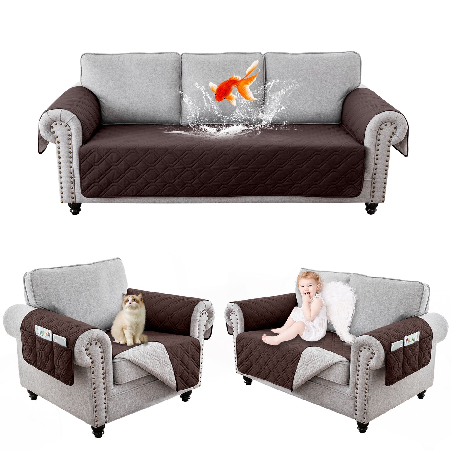 Recliner Sofa Cover Backless  for 1/2/3 Seater with Pocket, Slipcovers Reversible Washable Elastic Adjustable Strap for home,Coffee