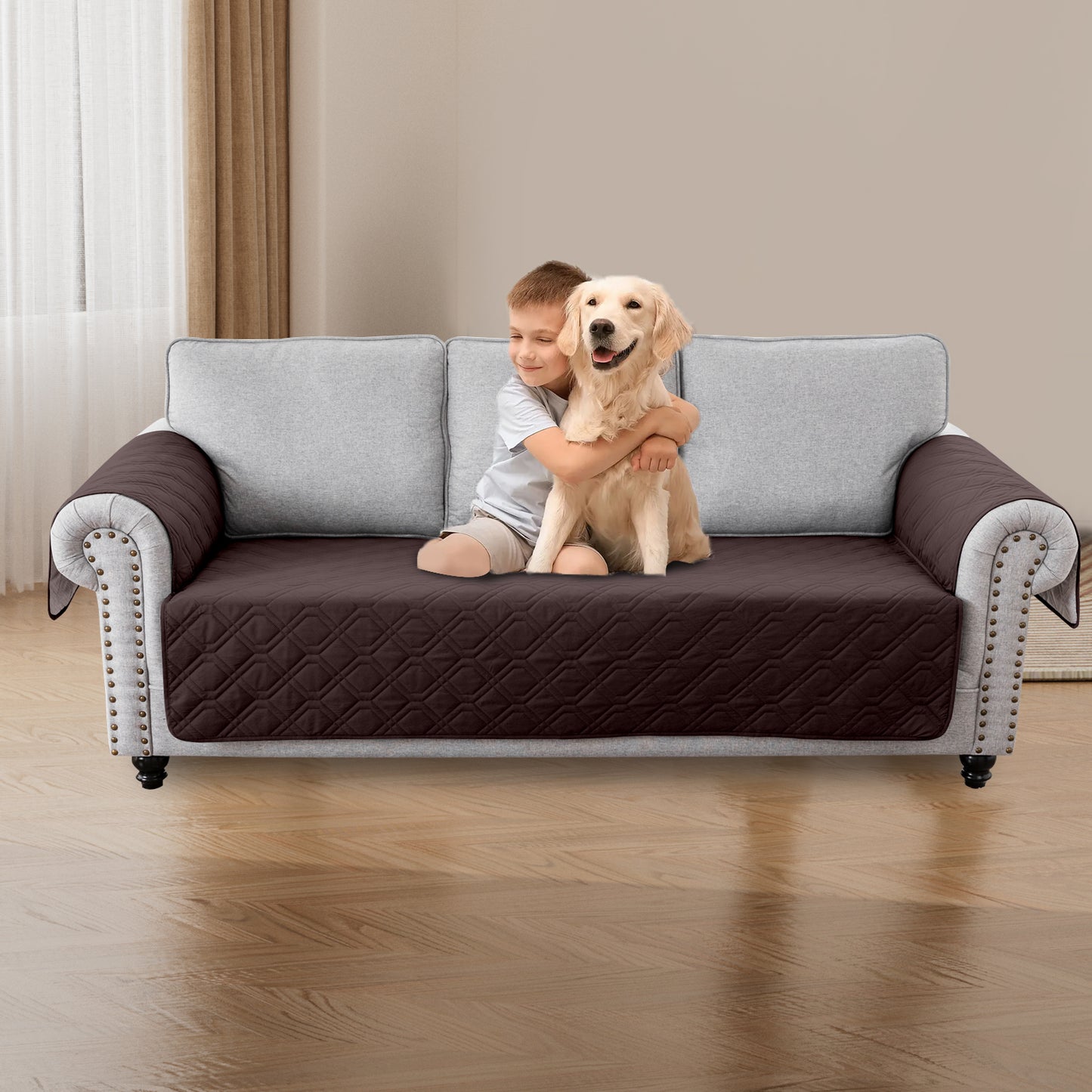 Recliner Sofa Cover Backless  for 1/2/3 Seater with Pocket, Slipcovers Reversible Washable Elastic Adjustable Strap for home,Coffee