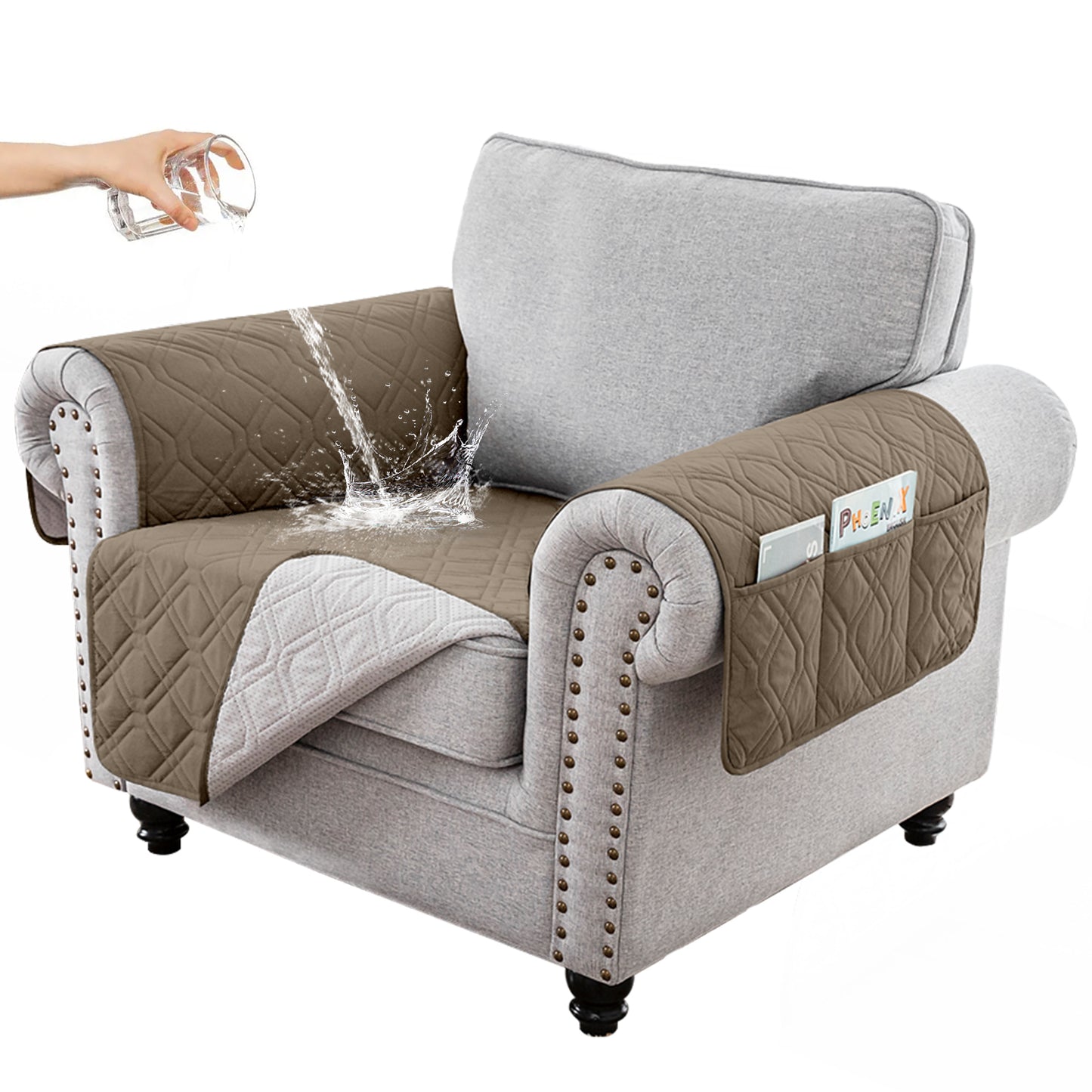 Recliner Sofa Cover Backless  for 1/2/3 Seater with Pocket, Slipcovers Reversible Washable Elastic Adjustable Strap for home,Taupe