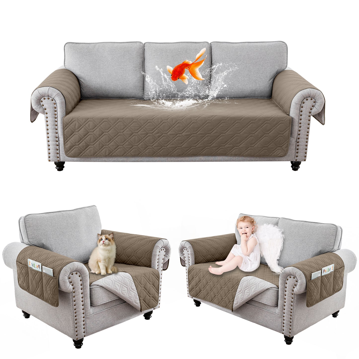 Recliner Sofa Cover Backless  for 1/2/3 Seater with Pocket, Slipcovers Reversible Washable Elastic Adjustable Strap for home,Taupe