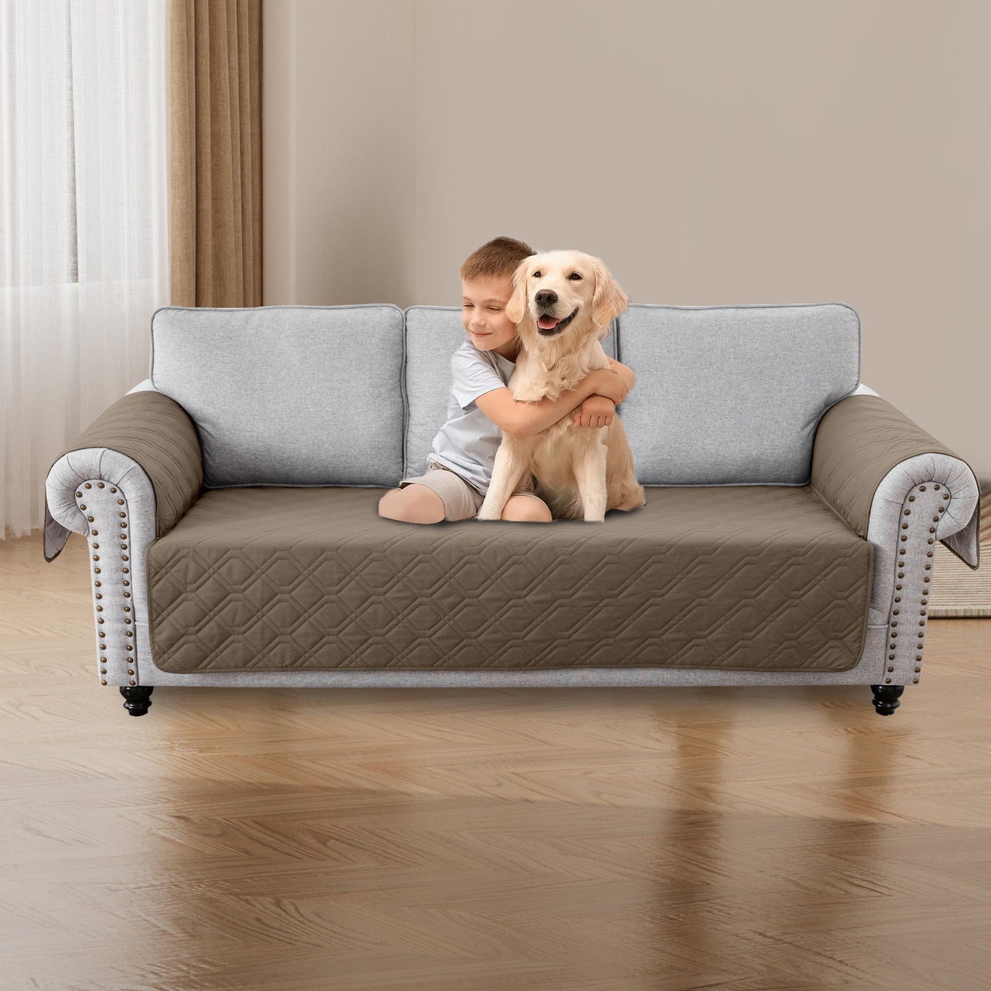 Recliner Sofa Cover Backless  for 1/2/3 Seater with Pocket, Slipcovers Reversible Washable Elastic Adjustable Strap for home,Taupe