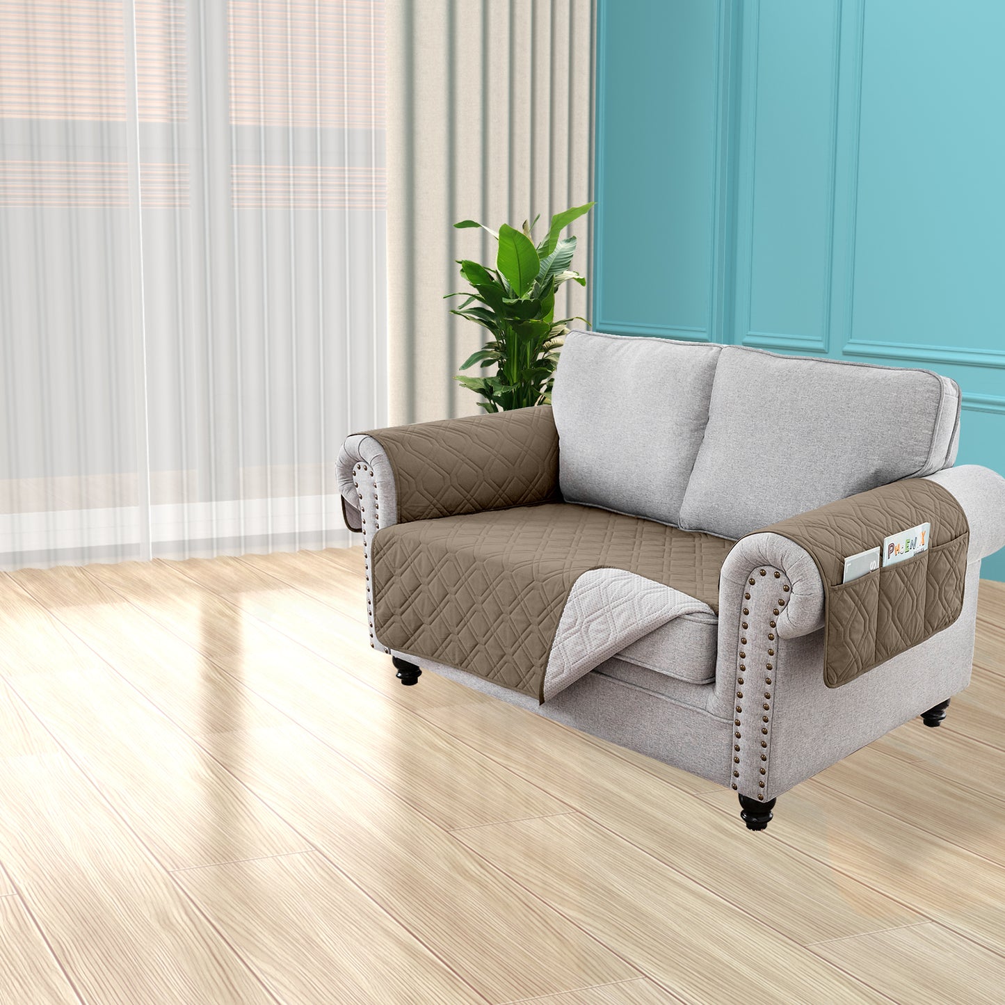 Recliner Sofa Cover Backless  for 1/2/3 Seater with Pocket, Slipcovers Reversible Washable Elastic Adjustable Strap for home,Taupe