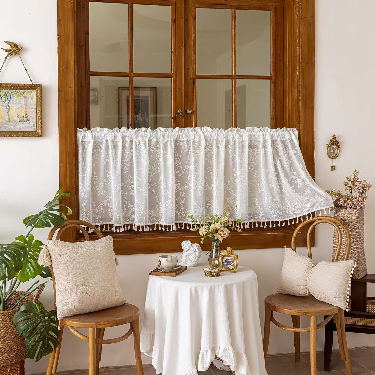 White Valances for Windows, Small Window Curtains for Living Room Bathroom Laundry Basement, Modern Rod Pocket Semi Sheer Jacquard Curtains