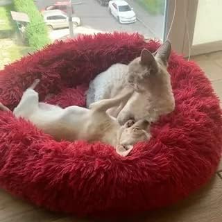 Anti Anxiety Round Fluffy Plush Faux Fur Warm Washable Dog Bed & Cat Bed, Original Bed for Small Medium Large Pets, Red