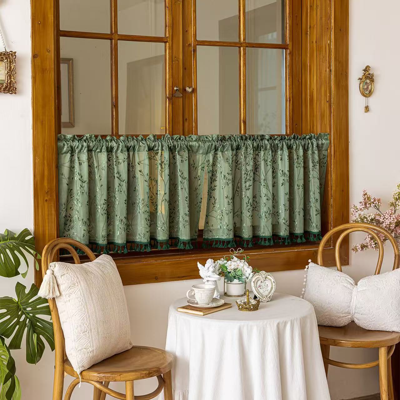 Green Valances for Windows, Small Window Curtains for Living Room Bathroom Laundry Basement, Modern Rod Pocket Semi Sheer Jacquard Curtains