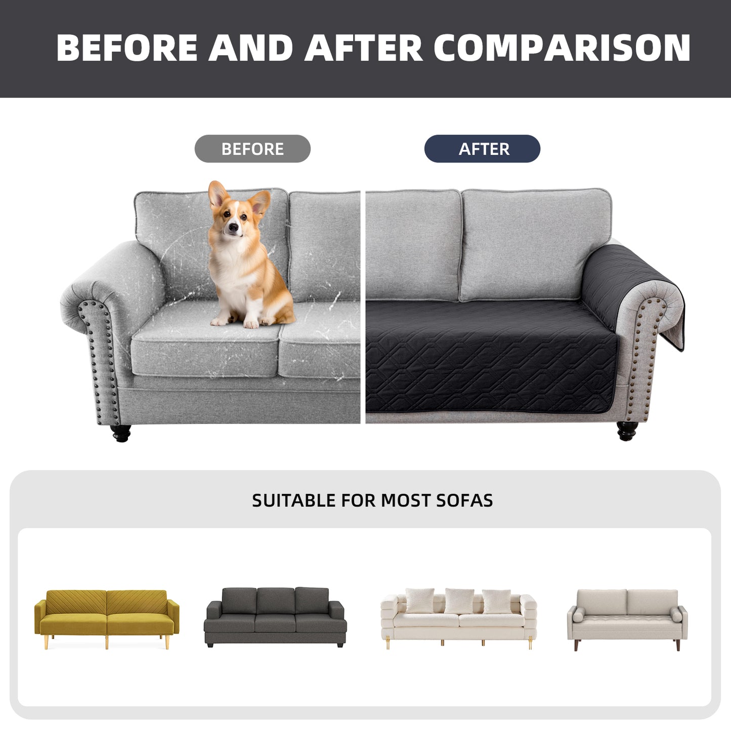 Recliner Sofa Cover Backless  for 1/2/3 Seater with Pocket, Slipcovers Reversible Washable Elastic Adjustable Strap for home,Black