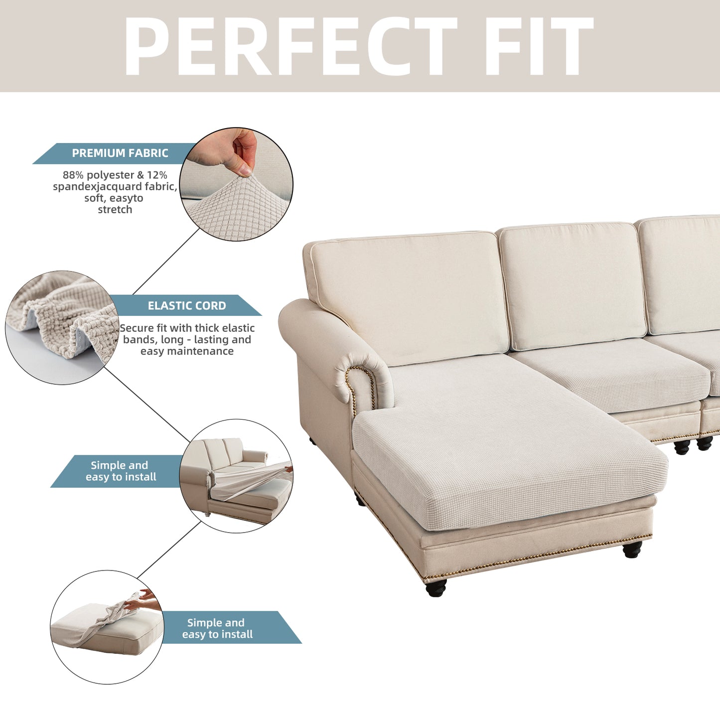 Sectional Couch Covers 4 Pieces Sofa Seat Cushion Covers L Shape Separate Cushion Couch Chaise Cover for Both Left/Right Sectional Couch (Large Sofa 3 Seater + 1 Chaise, Ivory)