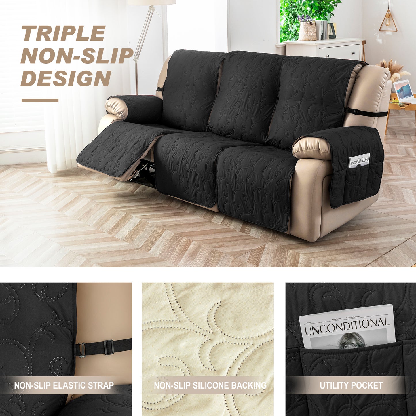 Waterproof Recliner Sofa Covers 3 Seater, Non-Slip Reclining Couch Covers for 3 Seat, Reclining Sofa Covers for Living Room, for Pets Kids Protector, Washable (Black)