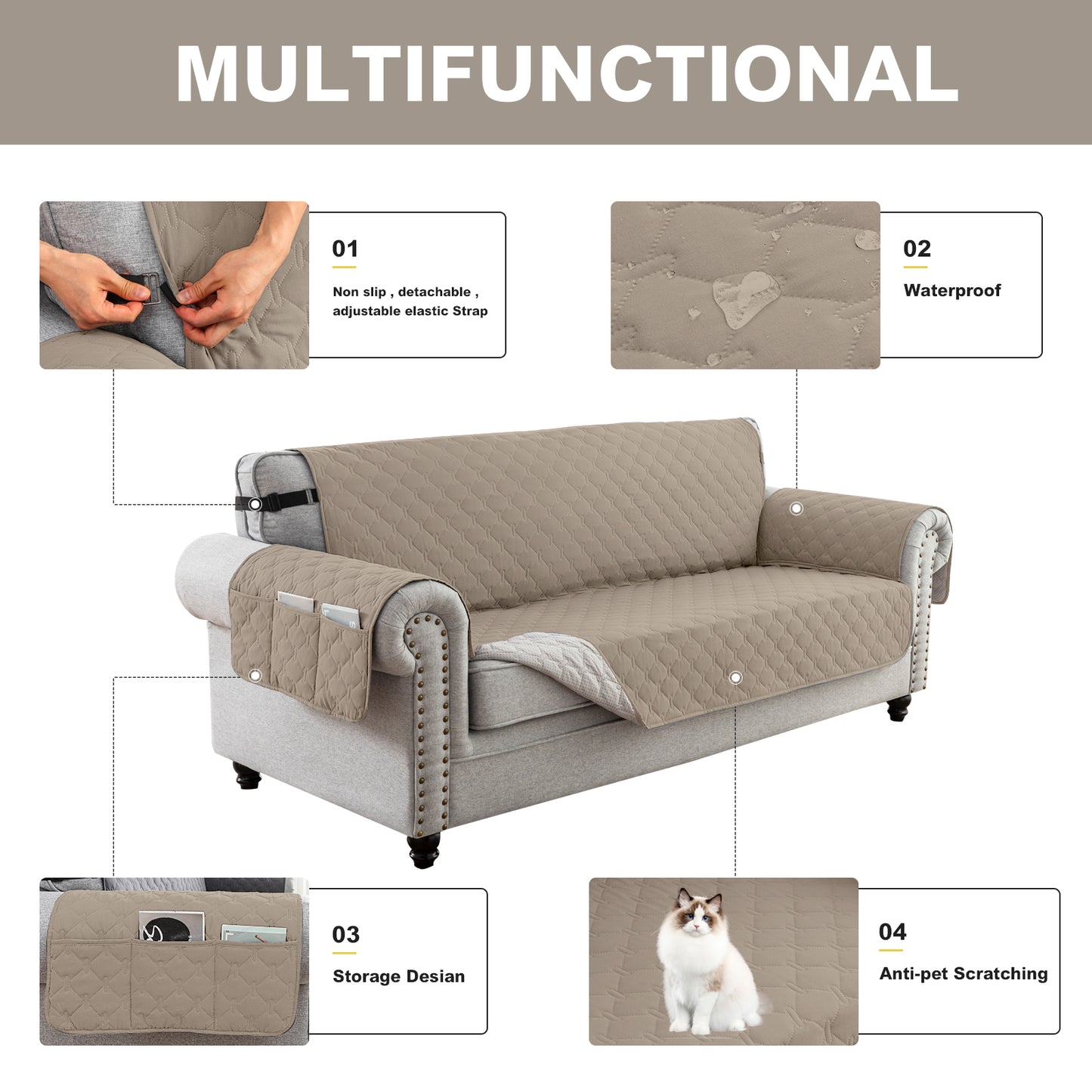 Sofa Slipcover Waterproof Couch Cover Non-Slip Sofa Cover for 1/2/3 Cushion Couch Seamless Whole Piece Fabric Furniture Protector for Pets Kids Children Dog Cat, Khaki