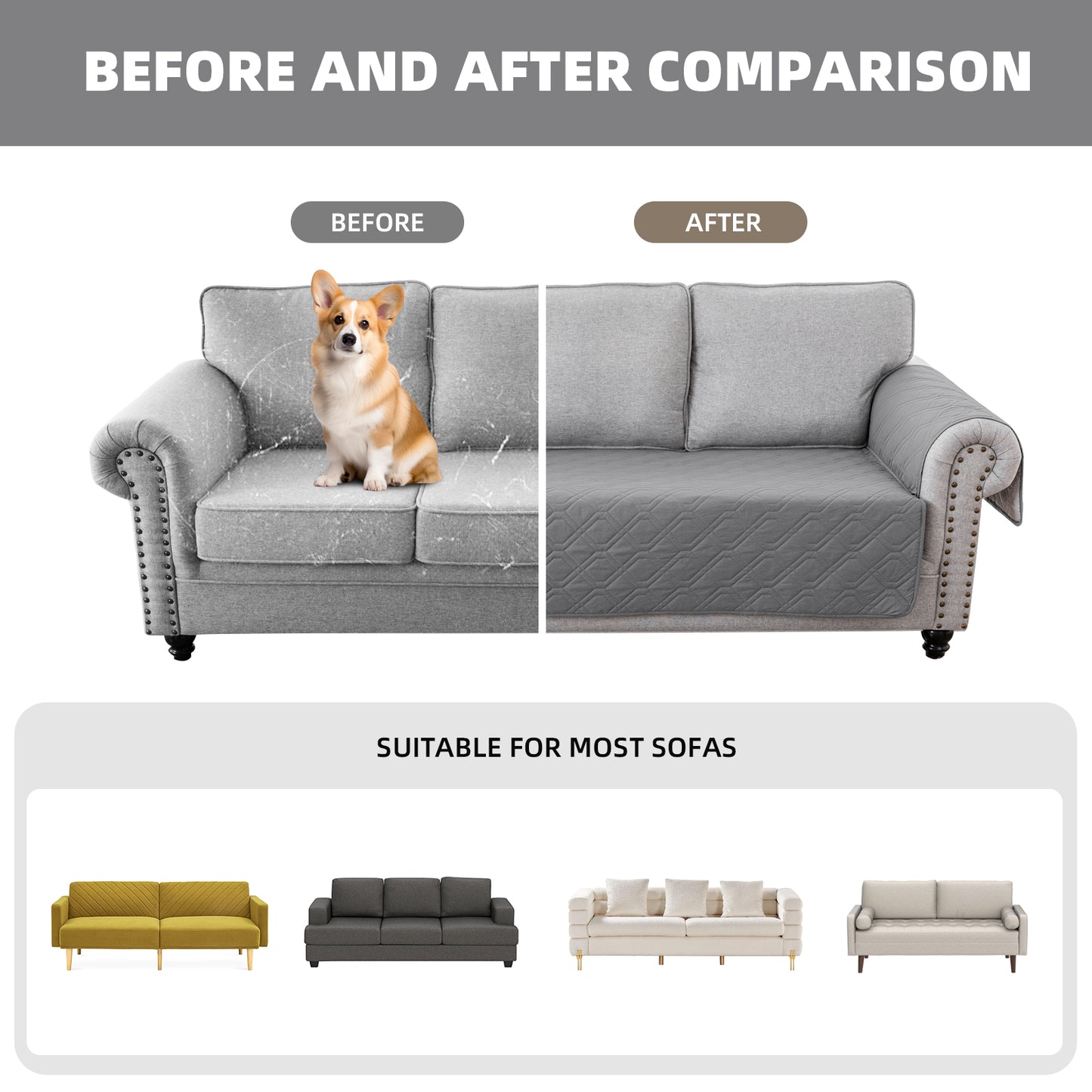 Recliner Sofa Cover Backless  for 1/2/3 Seater with Pocket, Slipcovers Reversible Washable Elastic Adjustable Strap for home,Grey