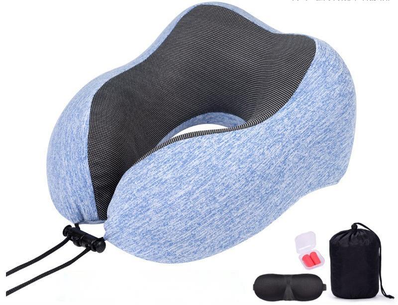 Travel Pillow 100% Pure Memory Foam Neck Pillow, Comfortable & Breathable Cover - Machine Washable, Airplane Travel Kit with 3D Sleep Mask, Earplugs, and Luxury Bag, Blue