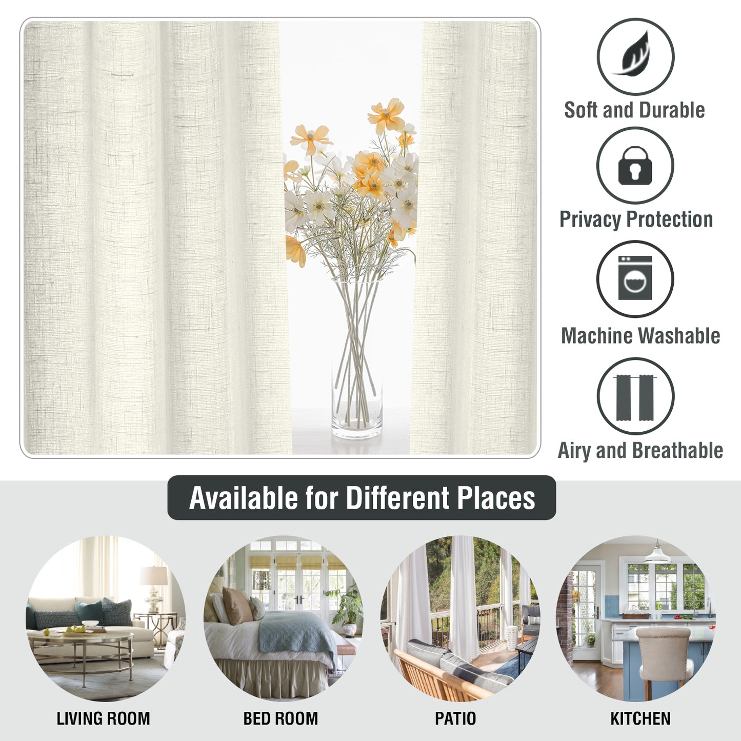 Natural Linen Sheer Curtains 2 Panels, Grommet Semitransparent Semi-Sheer Soft Comfort Privacy Drapes,Ivory