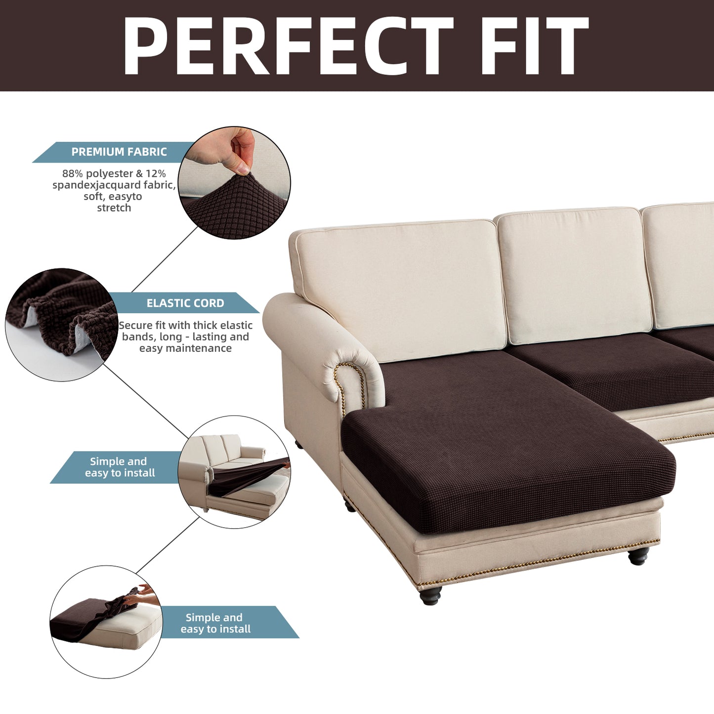Sectional Couch Covers 3 Pieces Sofa Seat Cushion Covers L Shape Separate Cushion Couch Chaise Cover for Both Left/Right Sectional Couch (Large Sofa 2 Seater + 1 Chaise, Brown)