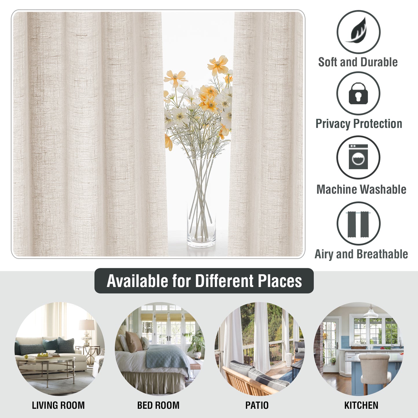 Natural Linen Sheer Curtains 2 Panels, Grommet Semitransparent Semi-Sheer Soft Comfort Privacy Drapes,Linen
