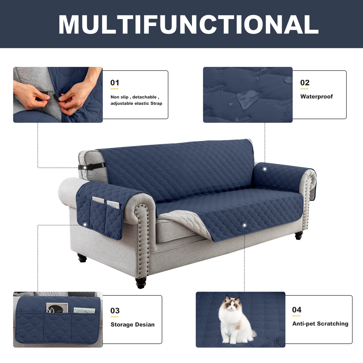 Sofa Slipcover Waterproof Couch Cover Non-Slip Sofa Cover for 1/2/3 Cushion Couch Seamless Whole Piece Fabric Furniture Protector for Pets Kids Children Dog Cat, Navy