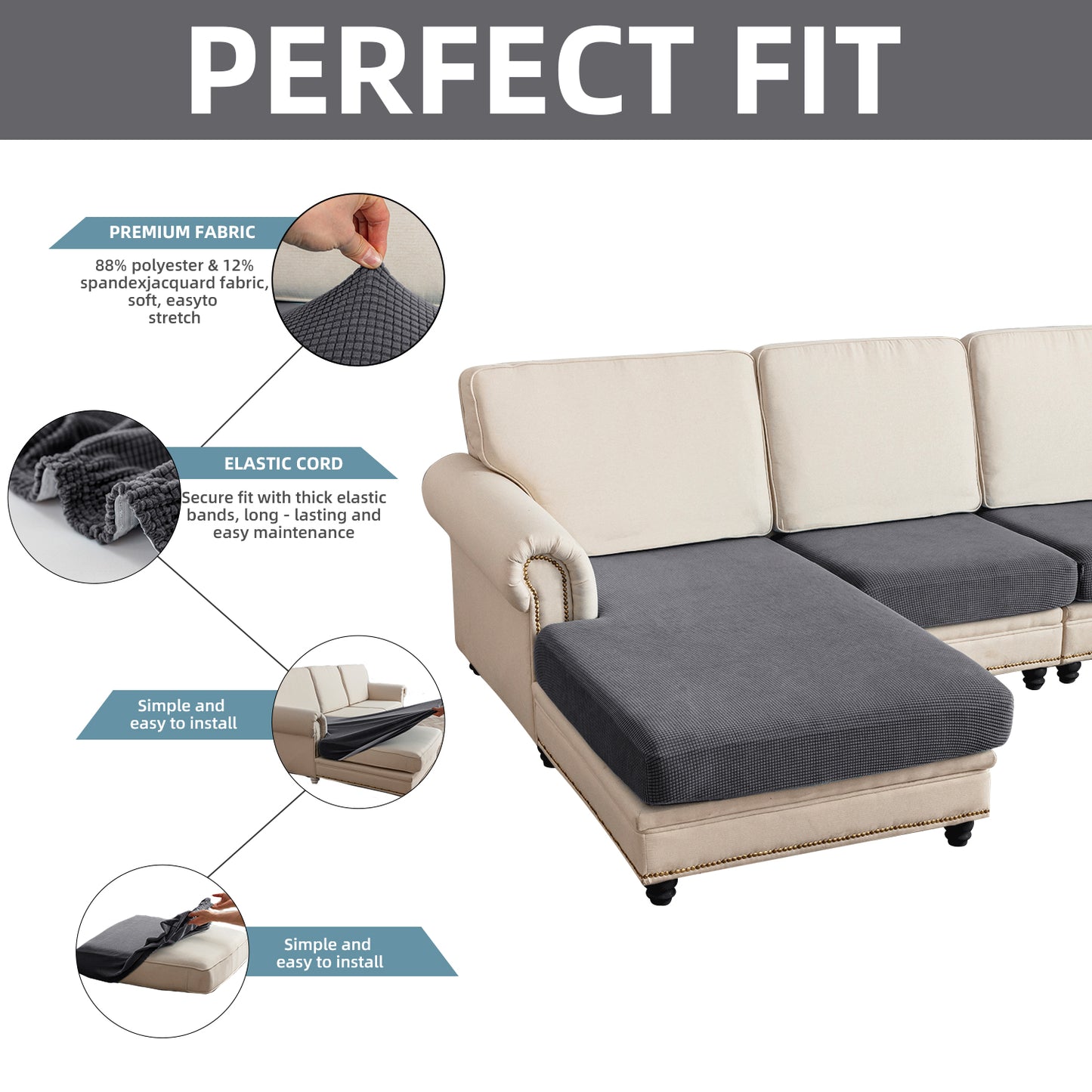 Sectional Couch Covers 4 Pieces Sofa Seat Cushion Covers L Shape Separate Cushion Couch Chaise Cover for Both Left/Right Sectional Couch (Large Sofa 3 Seater + 1 Chaise, Grey)