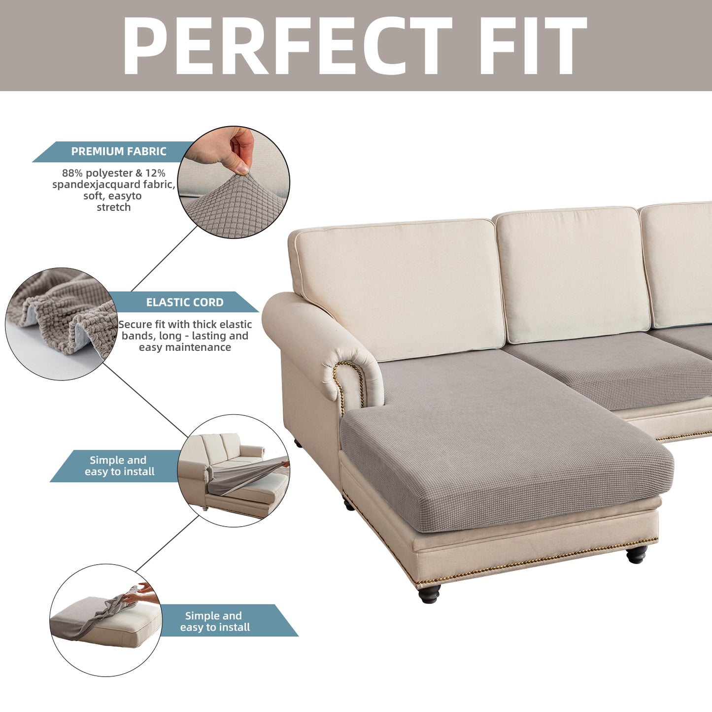 Sectional Couch Covers 3 Pieces Sofa Seat Cushion Covers L Shape Separate Cushion Couch Chaise Cover for Both Left/Right Sectional Couch (Large Sofa 2 Seater + 1 Chaise, Taupe)