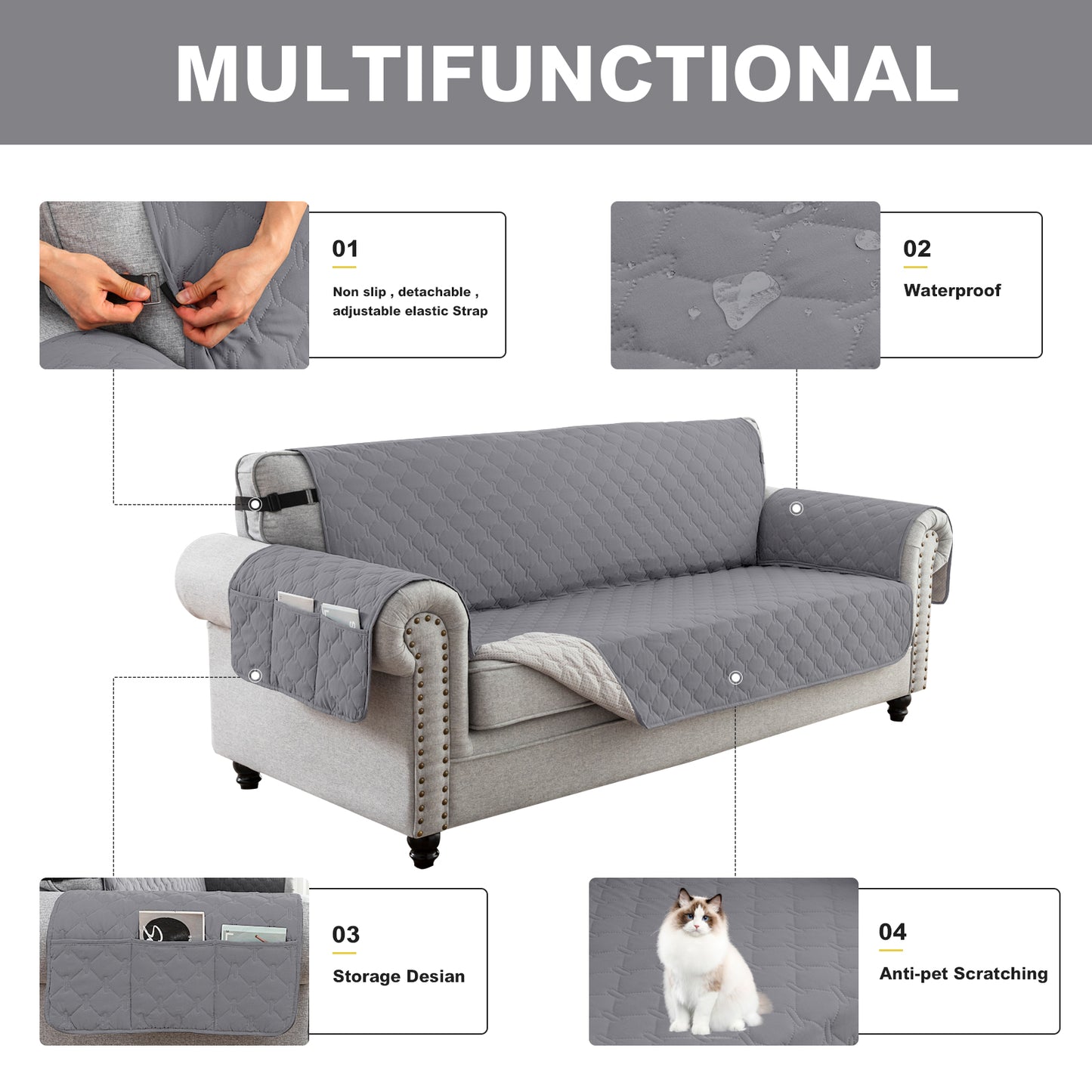 Sofa Slipcover Waterproof Couch Cover Non-Slip Sofa Cover for 1/2/3 Cushion Couch Seamless Whole Piece Fabric Furniture Protector for Pets Kids Children Dog Cat,Grey