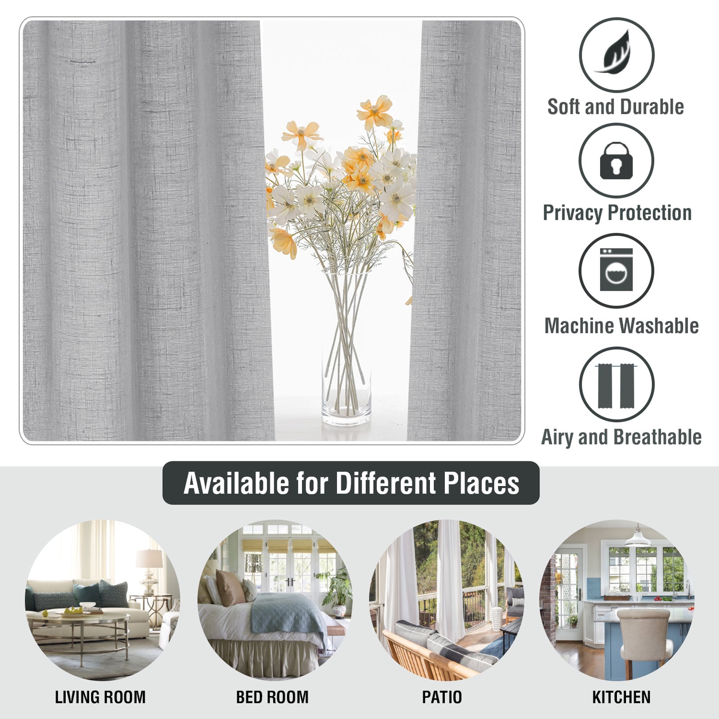 Natural Linen Sheer Curtains 2 Panels, Grommet Semitransparent Semi-Sheer Soft Comfort Privacy Drapes,Grey