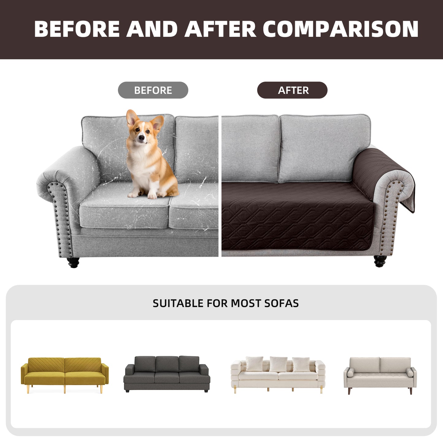 Recliner Sofa Cover Backless  for 1/2/3 Seater with Pocket, Slipcovers Reversible Washable Elastic Adjustable Strap for home,Chocolate