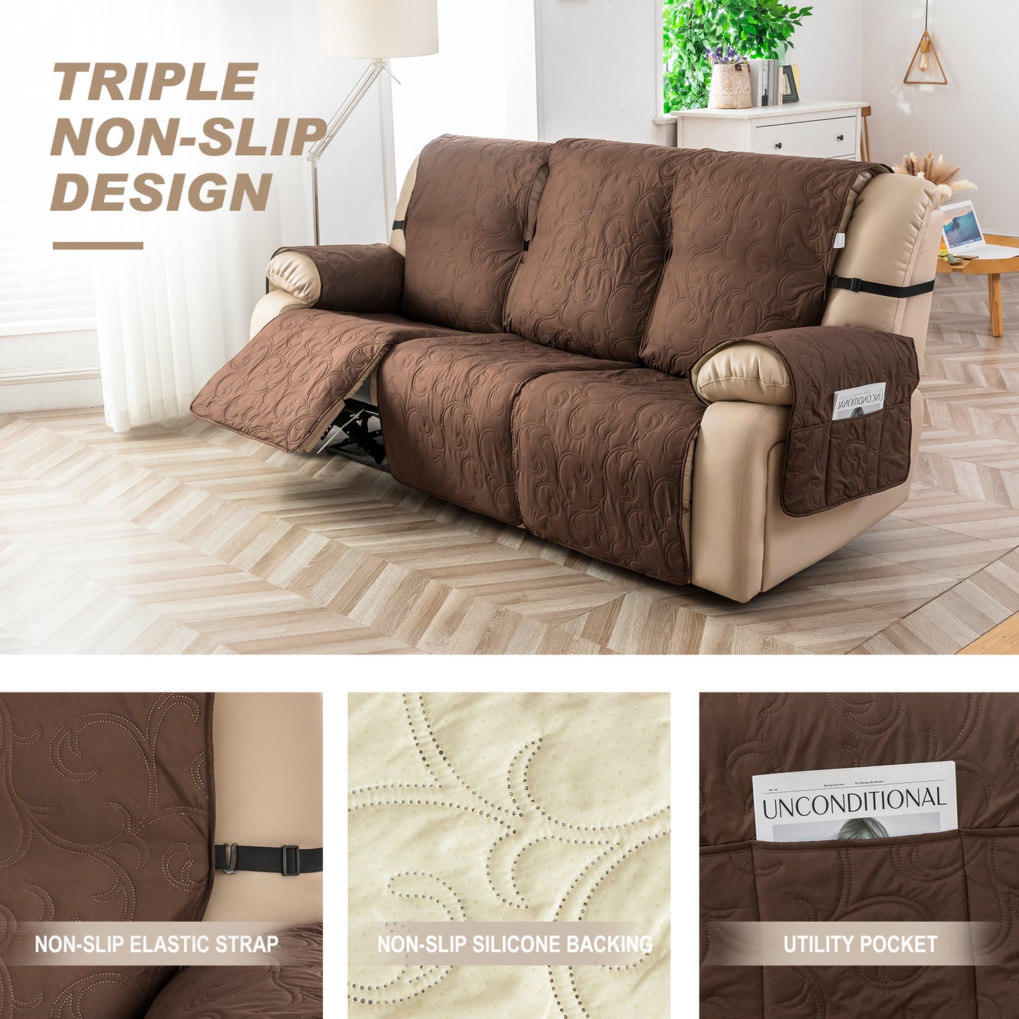 Waterproof Recliner Sofa Covers 3 Seater, Non-Slip Reclining Couch Covers for 3 Seat, Reclining Sofa Covers for Living Room, for Pets Kids Protector, Washable (Brown)