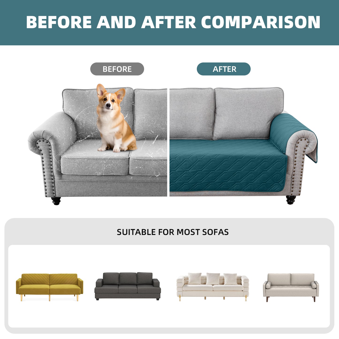 Recliner Sofa Cover Backless  for 1/2/3 Seater with Pocket, Slipcovers Reversible Washable Elastic Adjustable Strap for home,Teal