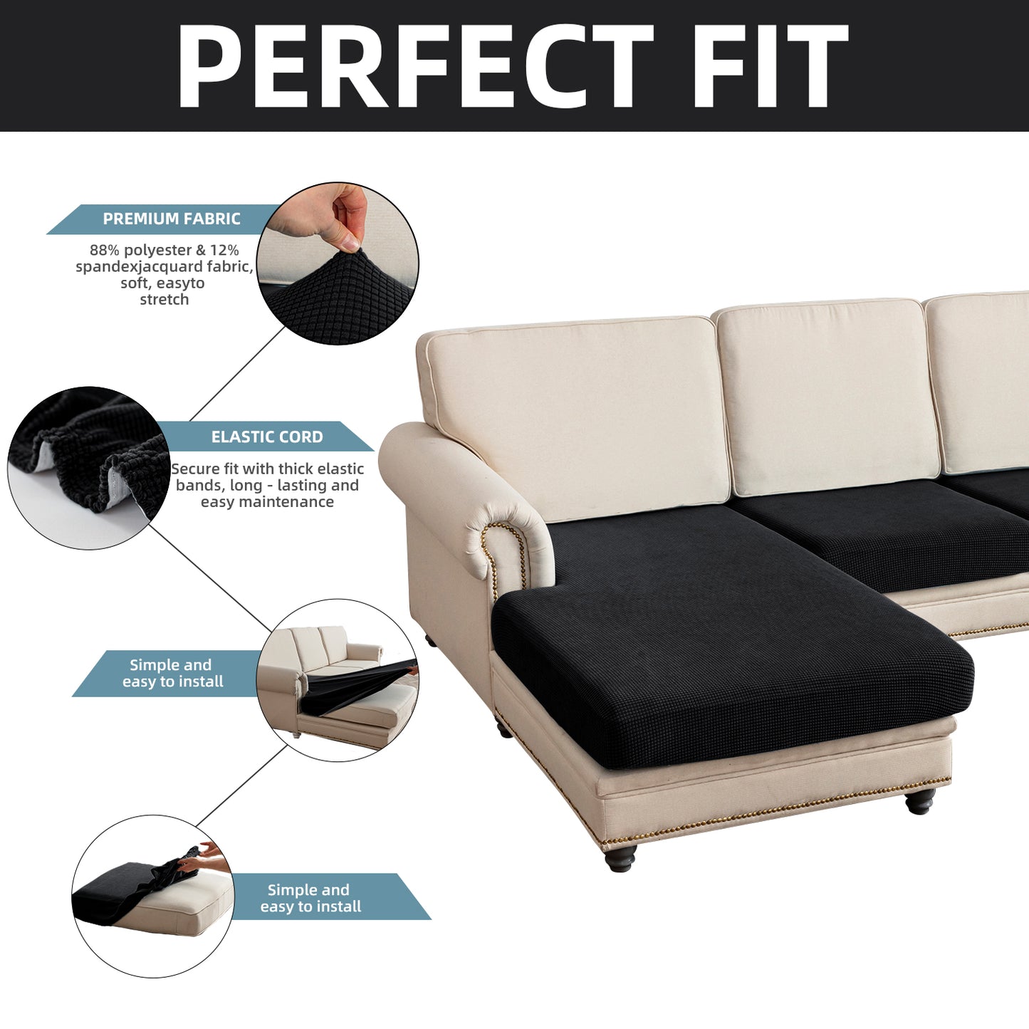 Sectional Couch Covers 3 Pieces Sofa Seat Cushion Covers L Shape Separate Cushion Couch Chaise Cover for Both Left/Right Sectional Couch (Large Sofa 2 Seater + 1 Chaise, Black)