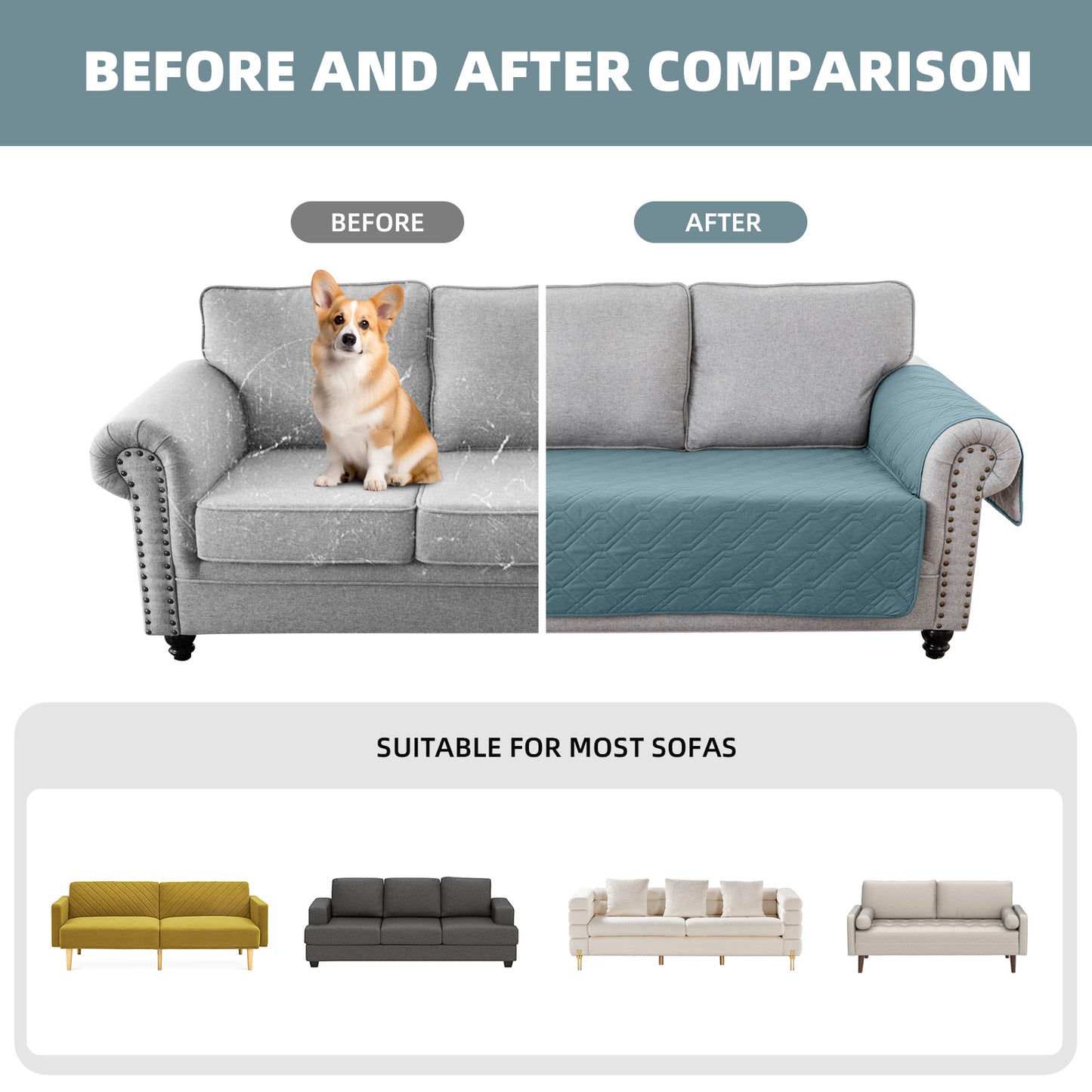 Recliner Sofa Cover Backless  for 1/2/3 Seater with Pocket, Slipcovers Reversible Washable Elastic Adjustable Strap for home,Grey Blue