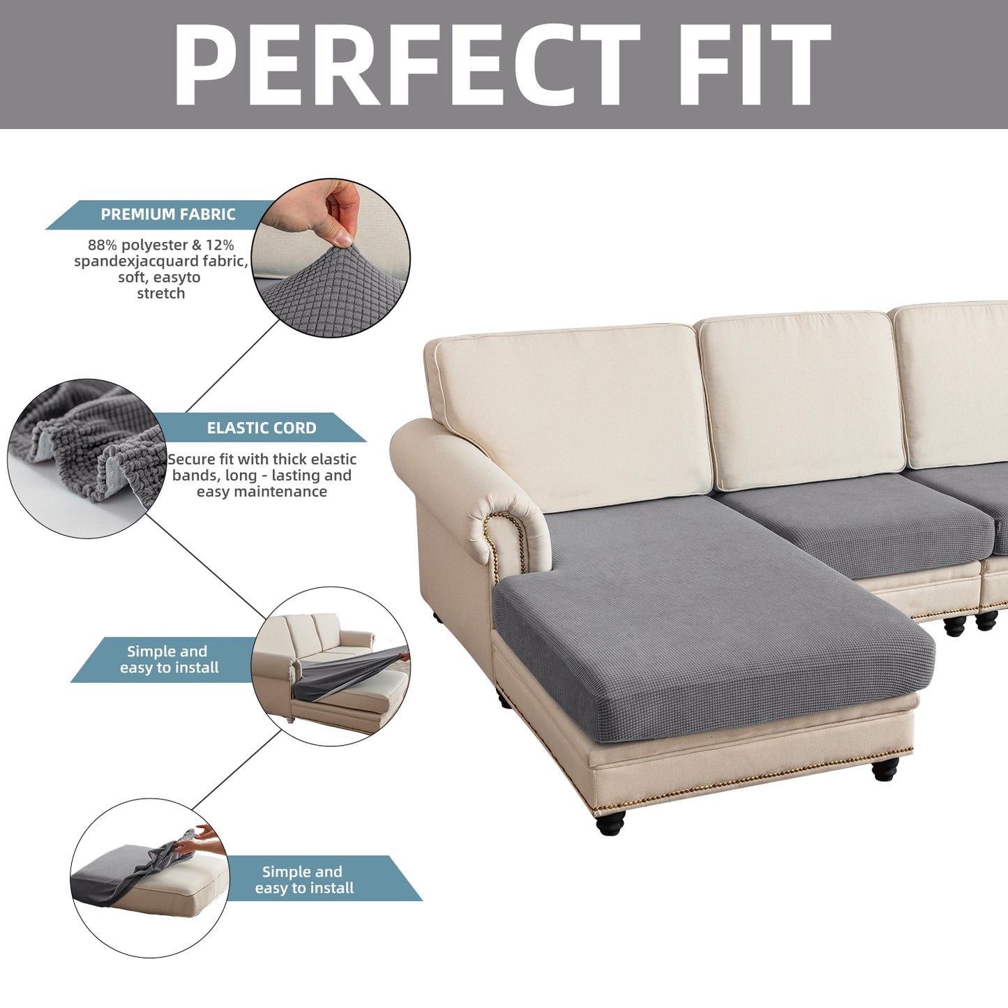 Sectional Couch Covers 4 Pieces Sofa Seat Cushion Covers L Shape Separate Cushion Couch Chaise Cover for Both Left/Right Sectional Couch (Large Sofa 3 Seater + 1 Chaise, Dove Grey)
