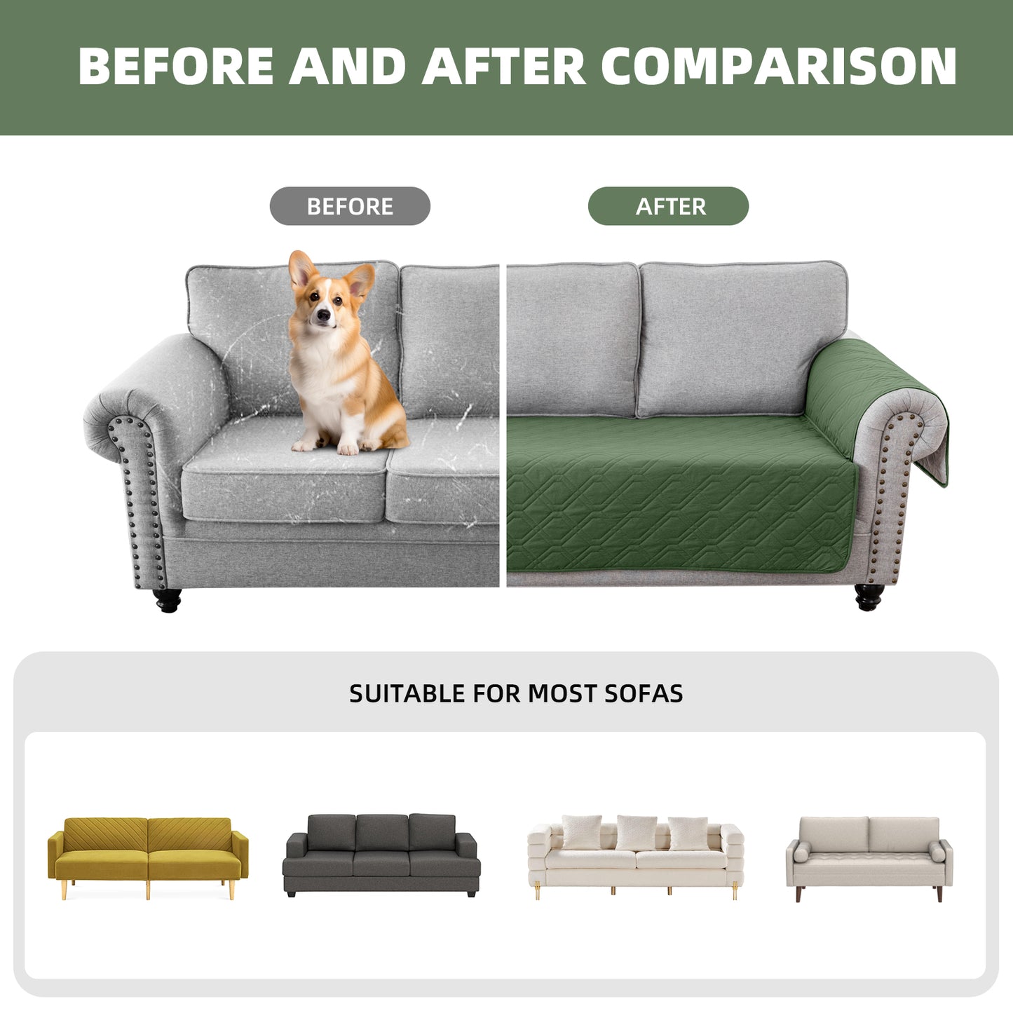 Recliner Sofa Cover Backless  for 1/2/3 Seater with Pocket, Slipcovers Reversible Washable Elastic Adjustable Strap for home,Dark Green