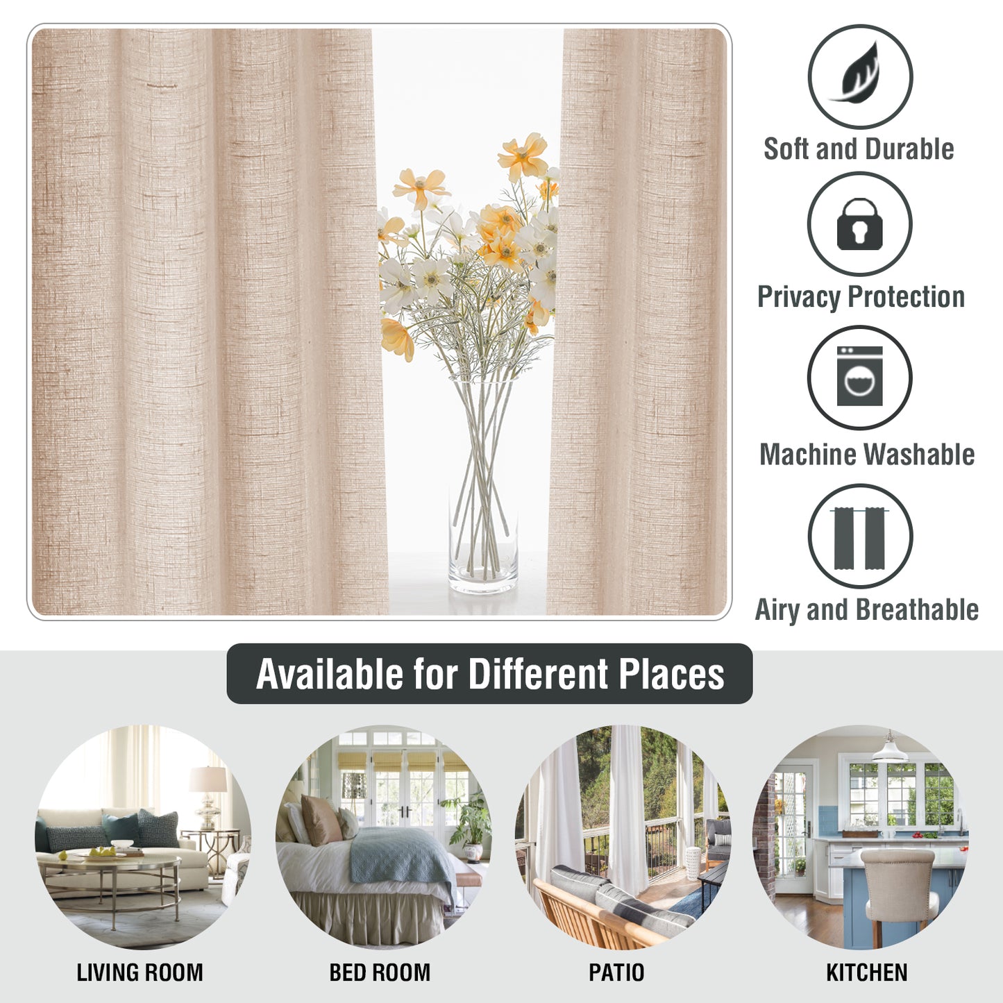 Natural Linen Sheer Curtains 2 Panels, Grommet Semitransparent Semi-Sheer Soft Comfort Privacy Drapes,Natural