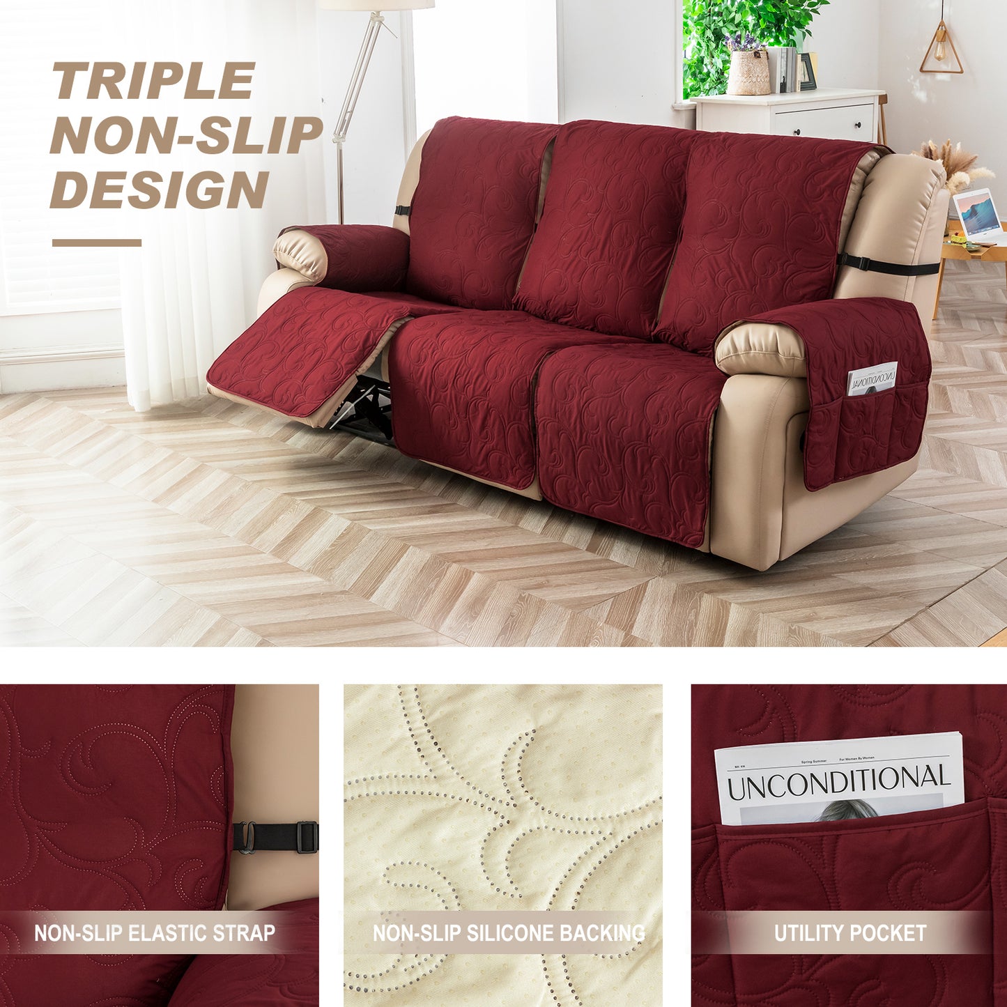Waterproof Recliner Sofa Covers 3 Seater, Non-Slip Reclining Couch Covers for 3 Seat, Reclining Sofa Covers for Living Room, for Pets Kids Protector, Washable (Wine Red)