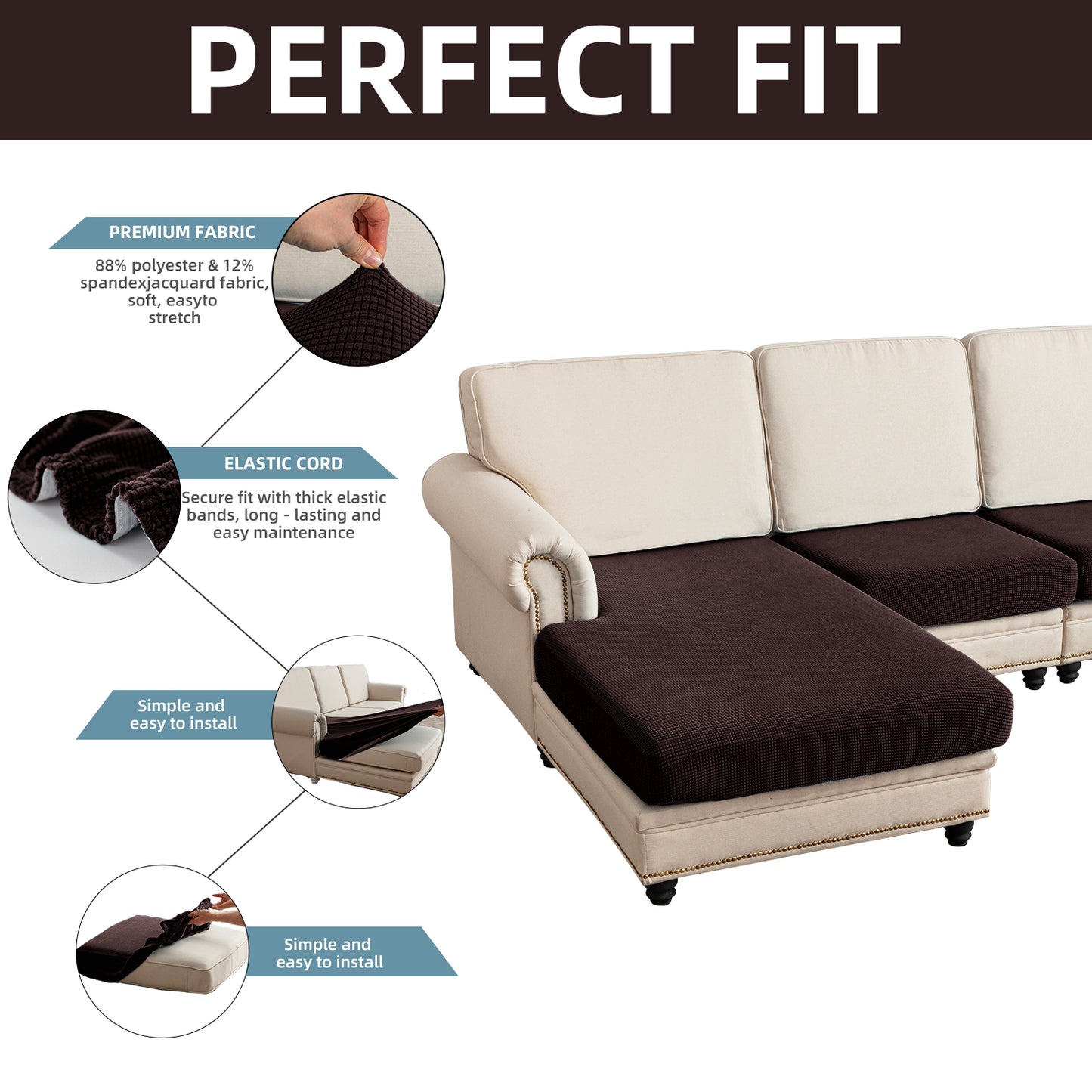Sectional Couch Covers 4 Pieces Sofa Seat Cushion Covers L Shape Separate Cushion Couch Chaise Cover for Both Left/Right Sectional Couch (Large Sofa 3 Seater + 1 Chaise, Brown)