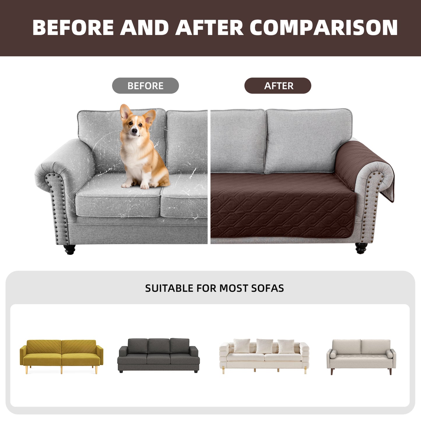 Recliner Sofa Cover Backless  for 1/2/3 Seater with Pocket, Slipcovers Reversible Washable Elastic Adjustable Strap for home,Coffee