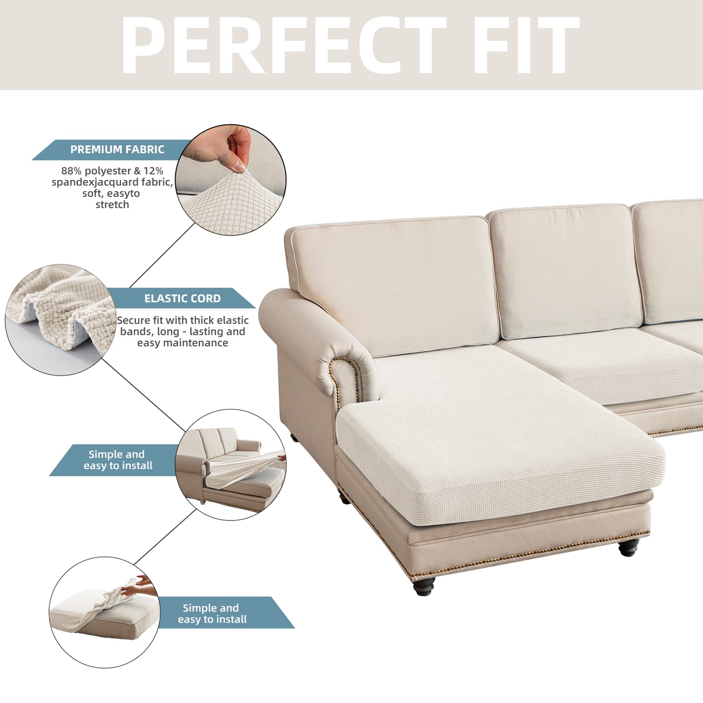 Sectional Couch Covers 3 Pieces Sofa Seat Cushion Covers L Shape Separate Cushion Couch Chaise Cover for Both Left/Right Sectional Couch (Large Sofa 2 Seater + 1 Chaise, Ivory)