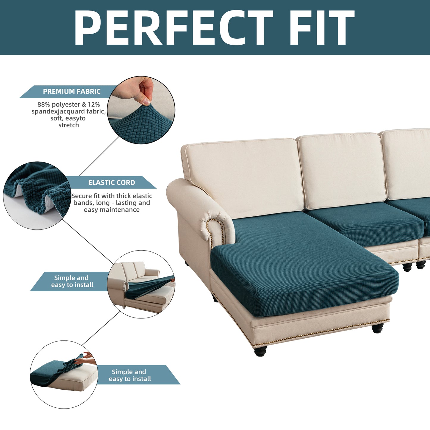 Sectional Couch Covers 4 Pieces Sofa Seat Cushion Covers L Shape Separate Cushion Couch Chaise Cover for Both Left/Right Sectional Couch (Large Sofa 3 Seater + 1 Chaise, Dark Teal)