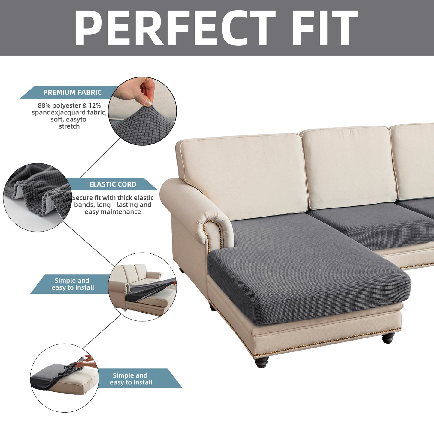 Sectional Couch Covers 3 Pieces Sofa Seat Cushion Covers L Shape Separate Cushion Couch Chaise Cover for Both Left/Right Sectional Couch (Large Sofa 2 Seater + 1 Chaise, Grey)